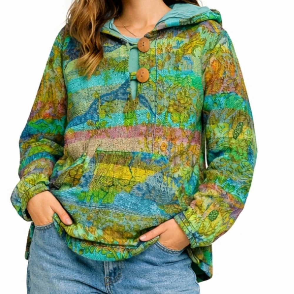 Rare 90s Cotton Exotic Safari Bohemian Hoodie Medium Yellow Teal Sunflower